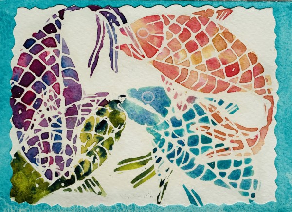 Fish Batik Multicolored on teal mat by Rebecca Zdybel