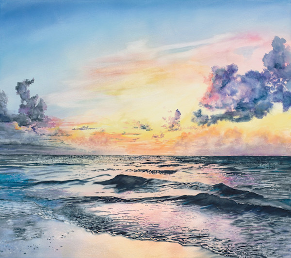 Heidi Vukov Ocean Sunset Watercolor Commission by Rebecca Zdybel, Image 1.