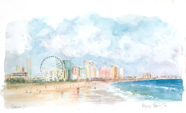 Hand Embellished Myrtle Beach Seascape Print 10.5x18 unframed by Rebecca Zdybel