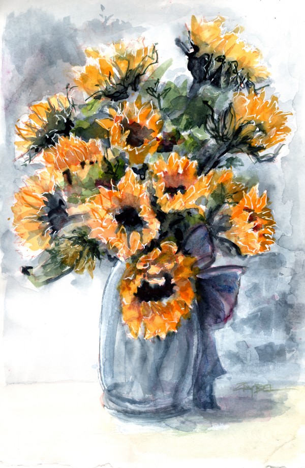 Sunflower Bouquet with Ribbon by Rebecca Zdybel