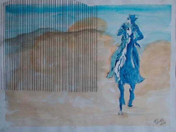 Blue Cowboy on Horse (striped background) by Eric Jones