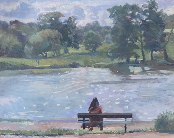 Girl with a Dog, Hampstead Boating Pond by Alan Lancaster