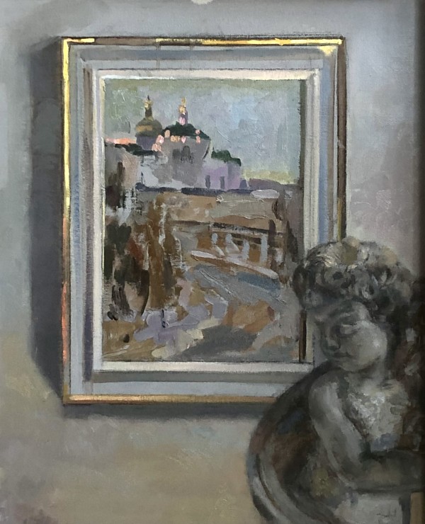 Interior Painting of a Painting of Kiev, with a Statue Standing Below by Alan Lancaster