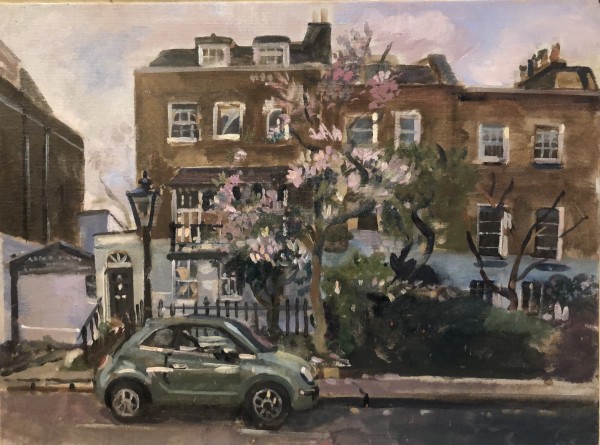 Georgian  House with Green Fiat and Blossom Tree by Alan Lancaster