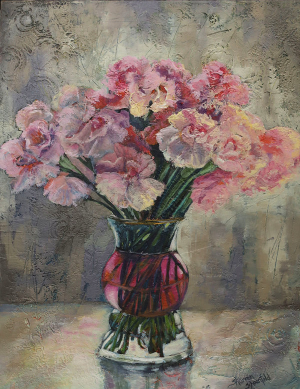 Cranberry Bud Vase & Carnations by Sharron Schoenfeld