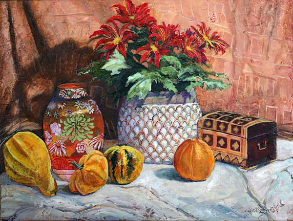 Ginger Pot & Red Flowers by Sharron Schoenfeld, Image 1.