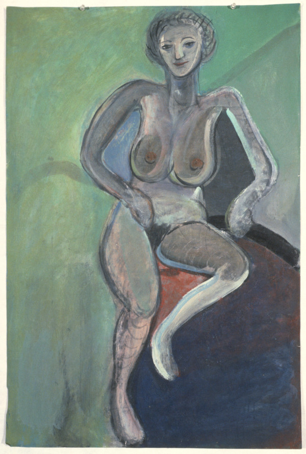 Seated Female Nude/Green Background by Keisho Okayama