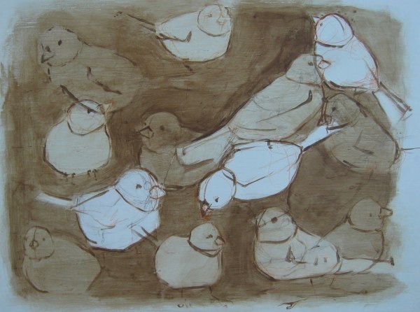13 Sparrows on Blue