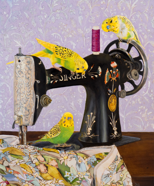 Sopranos - budgies on a Singer by Fiona Smith