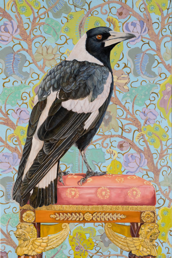Spellbinder - Magpie on Freddy's footstool by Fiona Smith