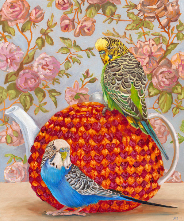 Budgies on teapot (scan) by Fiona Smith