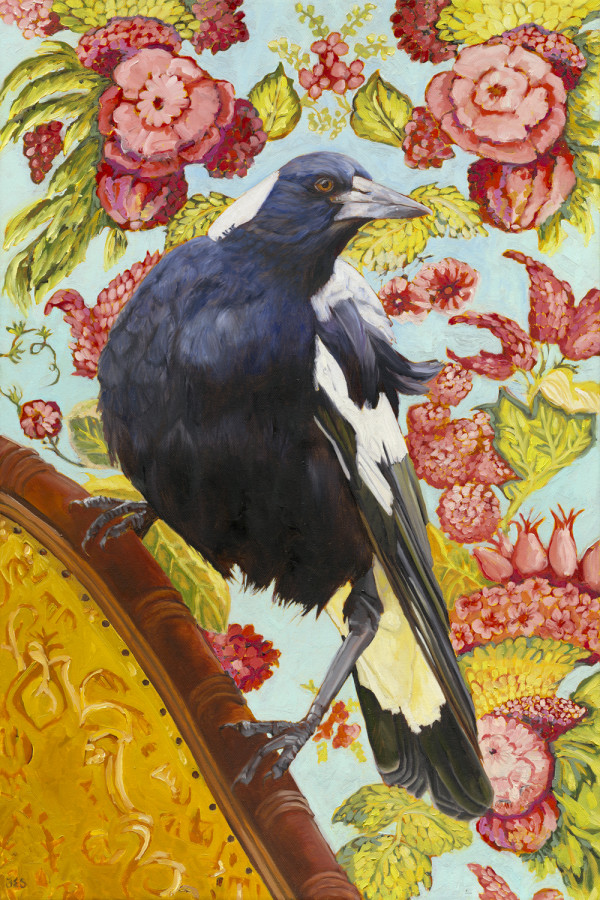 Magpie on Louis XV fabric (scan)