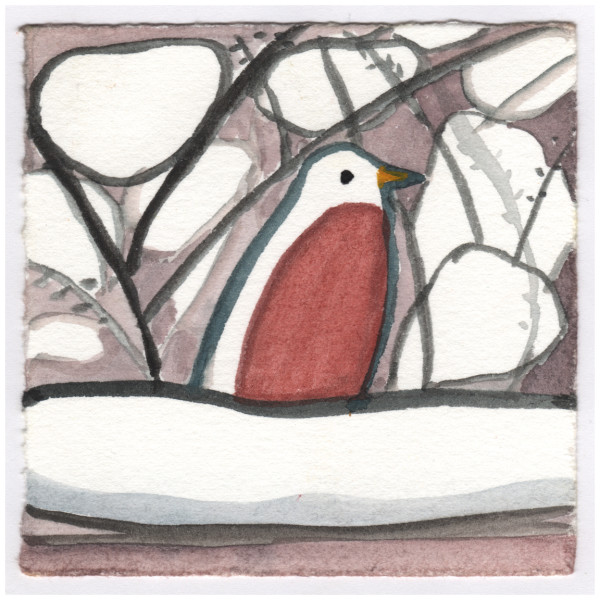 A Robin on the Porch Railing with Snow on the Barberry All Around. #094