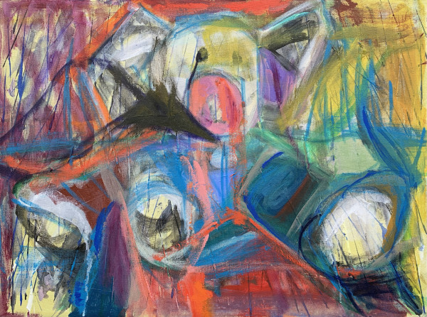 Mommy Mayhem: Seated Toy Elephant, 2021, acrylic on canvas, 18" x 24"