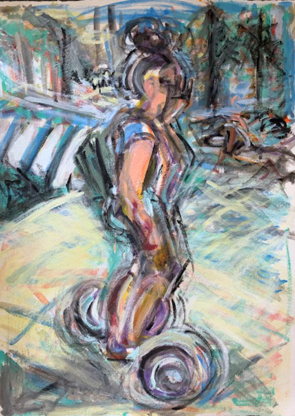 Girl on Segway, Miami, Florida, 2020, Acrylic on Paper, 22 x 30"