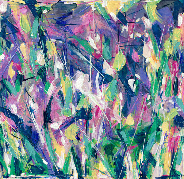 Green Purple Abstract Flowers, 2019, acrylic on canvas, 18 x 18 inches by Rachael Grad