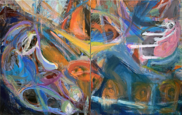Mommy Mayhem: Elephant and Doll (Diptych), 2021, Acrylic and Oil on 2 Canvases, 36" x 48"