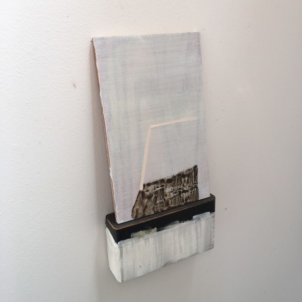 Small, leaning painting on painted  wooden block with tape by MaryAnn Puls