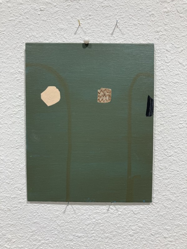 Green painting on canvas board with three shapes by MaryAnn Puls