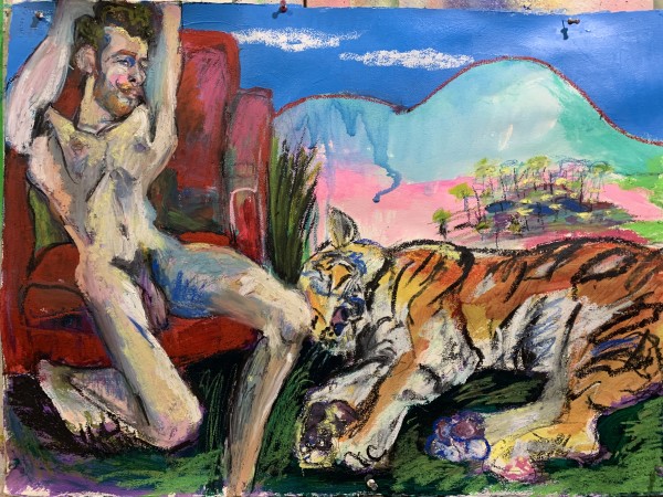 Madison on lounge chair with tiger in a serene landscape