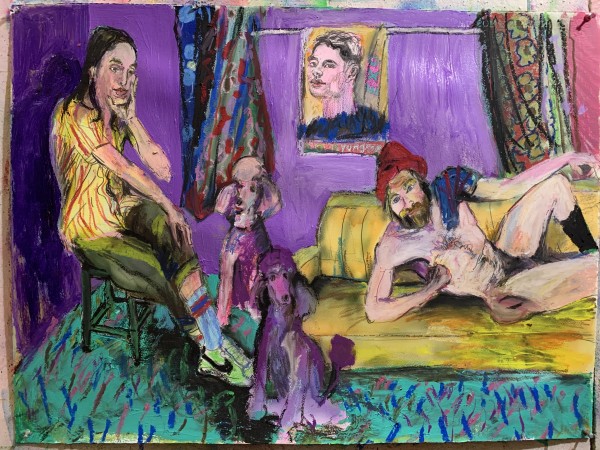 Domestic scene with purple and pink poodles during Covid