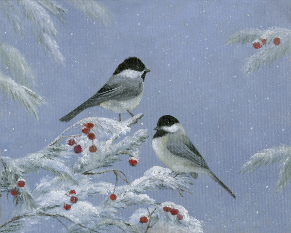 Chickadees in the snow by Tarryl Gabel