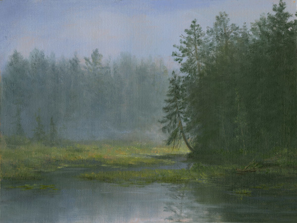 foggy morning, leaning tree Adirondacks by Tarryl Gabel