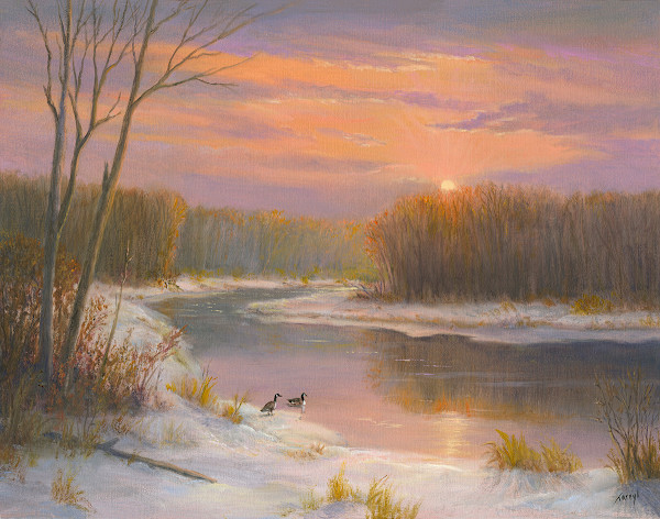 Geese along the river at sunset by Tarryl Gabel