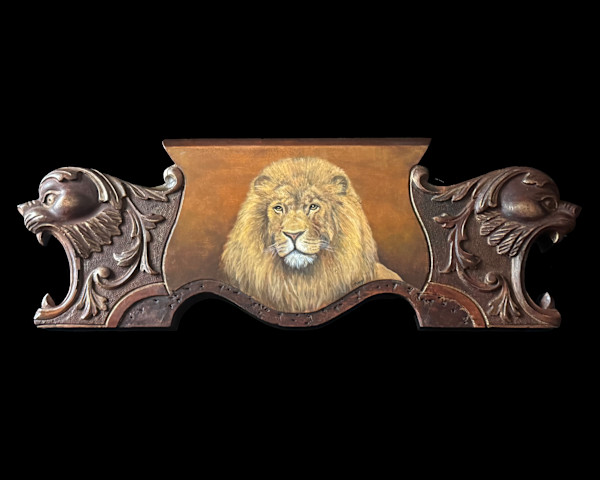 Lion portriat on wood with carvings by Tarryl Gabel