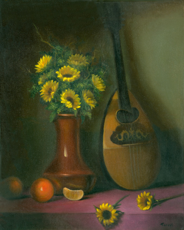 Still Life with Mandolin and sunflowers by Tarryl Gabel