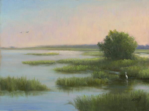 Marsh in Spring Sunlight with egret by Tarryl Gabel