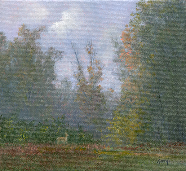 Misty fall morning with deer by Tarryl Gabel