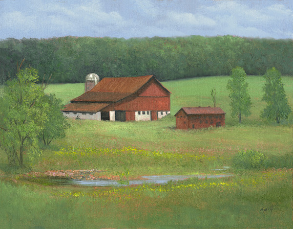 Red barns by the brook by Tarryl Gabel