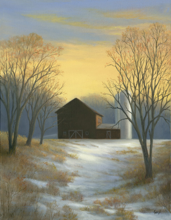 Red barn under a winter sunset