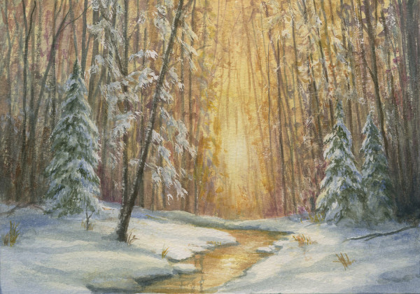 Winter sunset in Watercolor by Tarryl Gabel