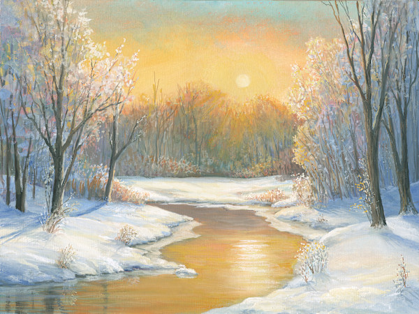 Sunset over snowy stream by Tarryl Gabel