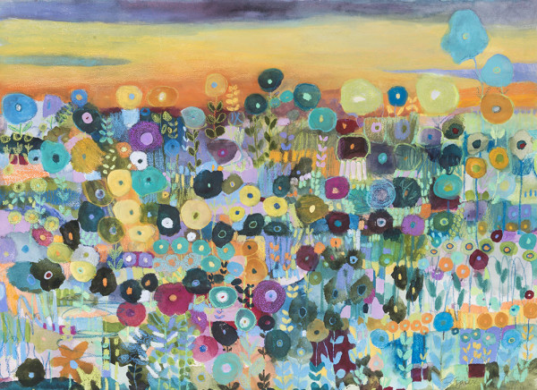 Navy, Yellow & Orange Sky Above a Turquoise, Purple & Green Garden by Ruthanne Baker