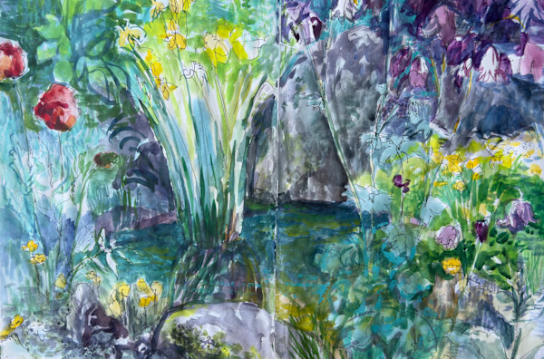 Evening Garden Around Pond by Denita Benyshek