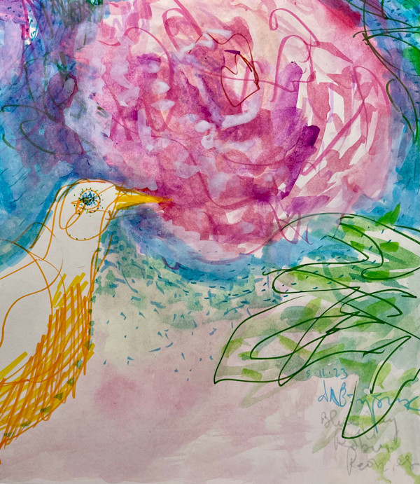 Nearby Robin & Peony Blossom by Denita Benyshek