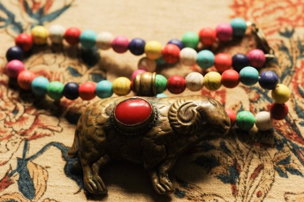 Brass Spirit Ram with Red Stone – Tibet by Marijim Thoene
