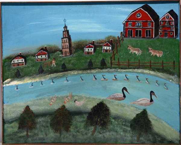 Kids Swimming In River With Two Geese & Fourteen Sailboats by Bruno Del Favero