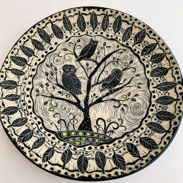 Large Platter - Woodcut Owls by Patricia Griffin