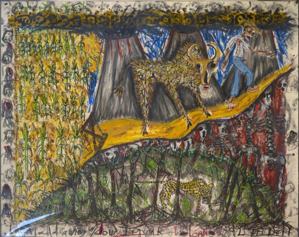 Untitled Drawing w/ Cow, Jaguar + Volcanoes by Feldsott