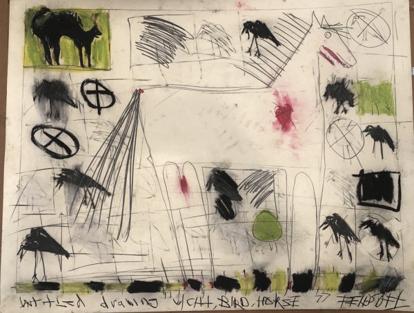 Untitled Drawing w/ Cat, Bird, Horse