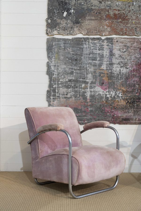 1940s Bauhaus style original chrome plated chair with original sprung upholstery and vintage pink velvet (2 available)