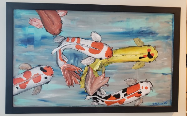Koi fish #2 on wood, black frame by Heather Medrano