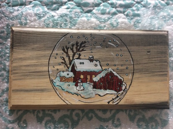 Snow globe on beetlekill lumber by Heather Medrano