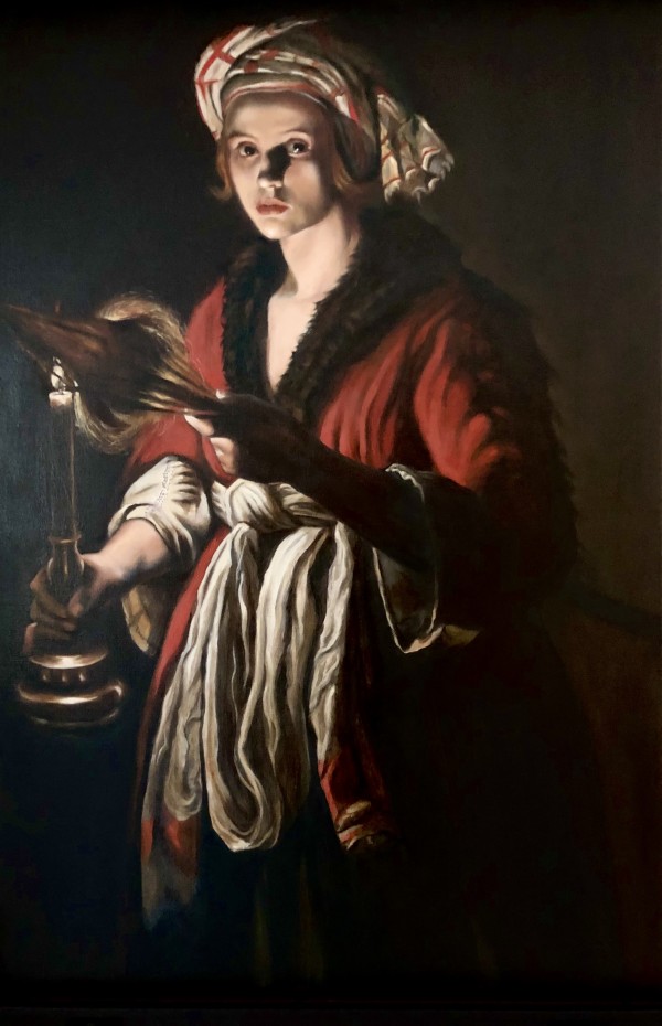 Young woman holding a distaff before a lit candle after Adam de Coster