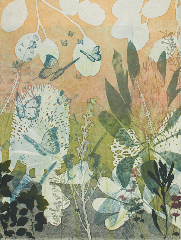 Protea in Pink and Butterflies in my Garden (unframed) by Trudy Rice