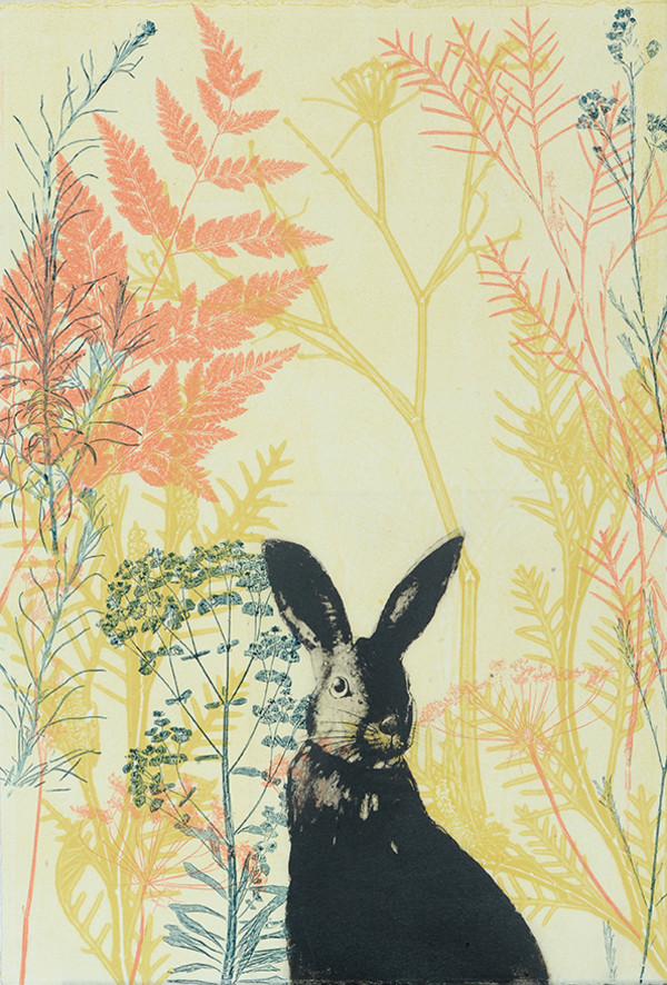 Wild bunny in a shiny coral garden by Trudy Rice